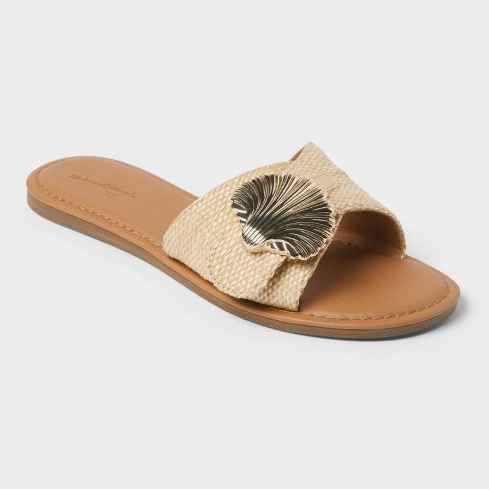 Universal Thread Natural Woven Slide Sandals with Gold Shell Accent NWOB